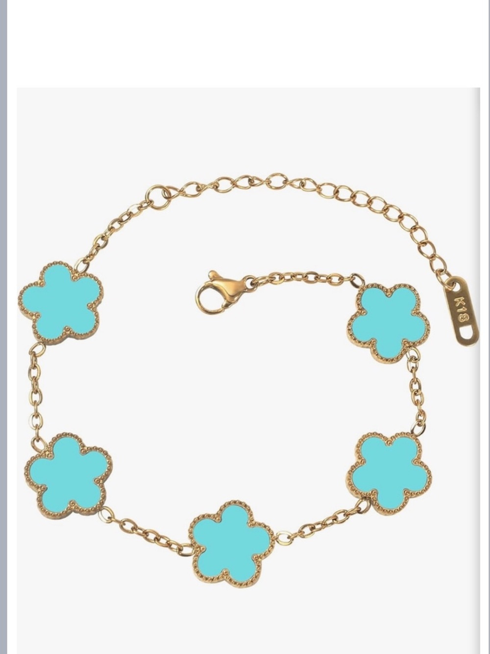 18K Gold Blue Clover Charm Bracelet Van Cleef Style Dainty Alhambra Chain Luxury